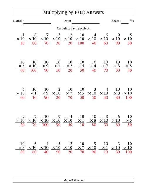 The Multiplying (1 to 10) by 10 (50 Questions) (J) Math Worksheet Page 2