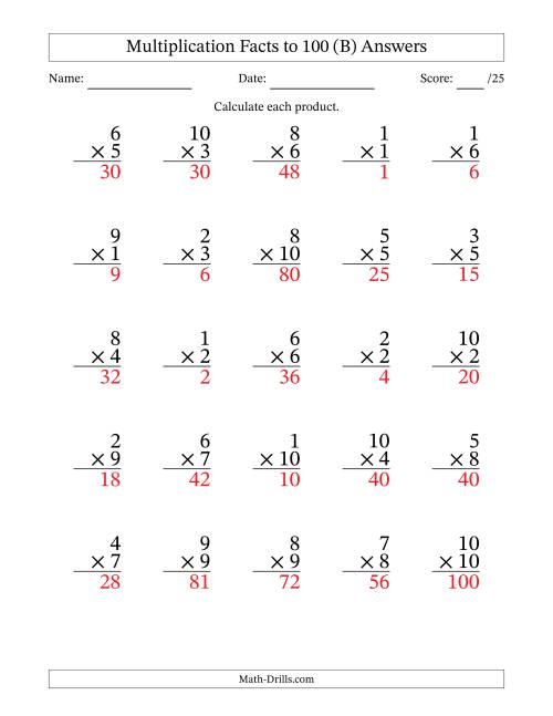 The Multiplication Facts to 100 (25 Questions) (No Zeros) (B) Math Worksheet Page 2