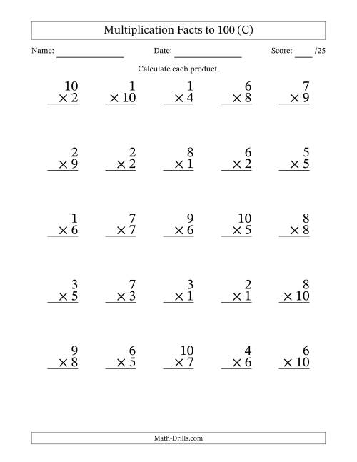 The Multiplication Facts to 100 (25 Questions) (No Zeros) (C) Math Worksheet