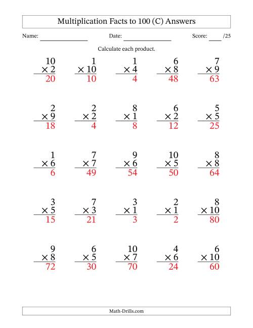 The Multiplication Facts to 100 (25 Questions) (No Zeros) (C) Math Worksheet Page 2
