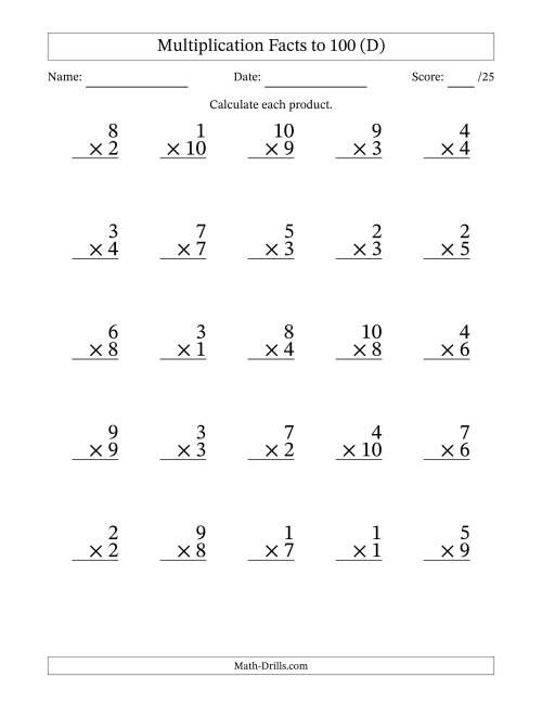 The Multiplication Facts to 100 (25 Questions) (No Zeros) (D) Math Worksheet