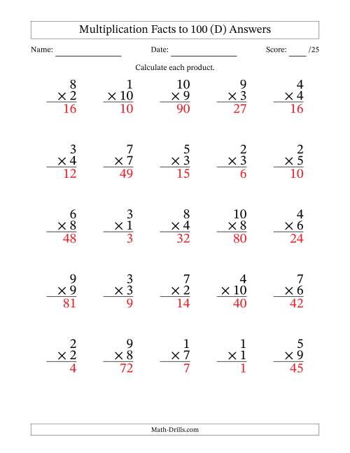 The Multiplication Facts to 100 (25 Questions) (No Zeros) (D) Math Worksheet Page 2