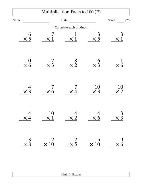 The Multiplication Facts to 100 (25 Questions) (No Zeros) (F) Math Worksheet