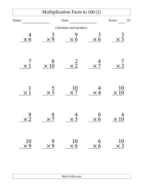 The Multiplication Facts to 100 (25 Questions) (No Zeros) (J) Math Worksheet