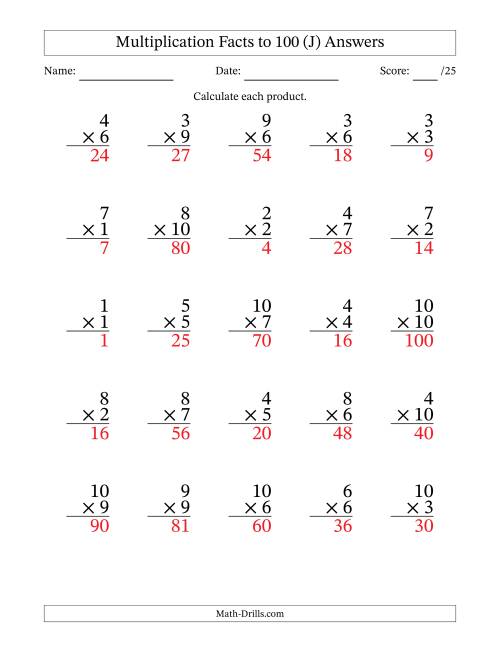 The Multiplication Facts to 100 (25 Questions) (No Zeros) (J) Math Worksheet Page 2