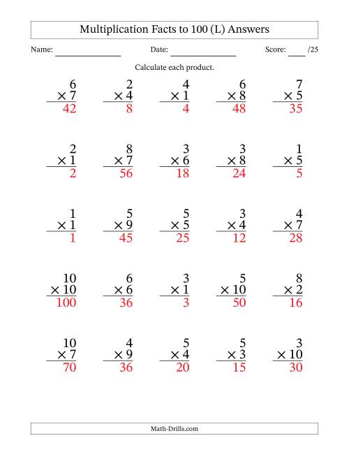 The Multiplication Facts to 100 (25 Questions) (No Zeros) (L) Math Worksheet Page 2