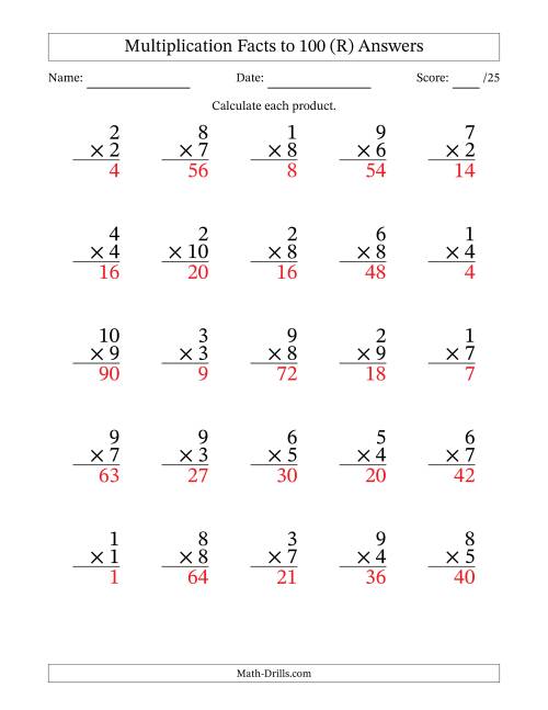 The Multiplication Facts to 100 (25 Questions) (No Zeros) (R) Math Worksheet Page 2