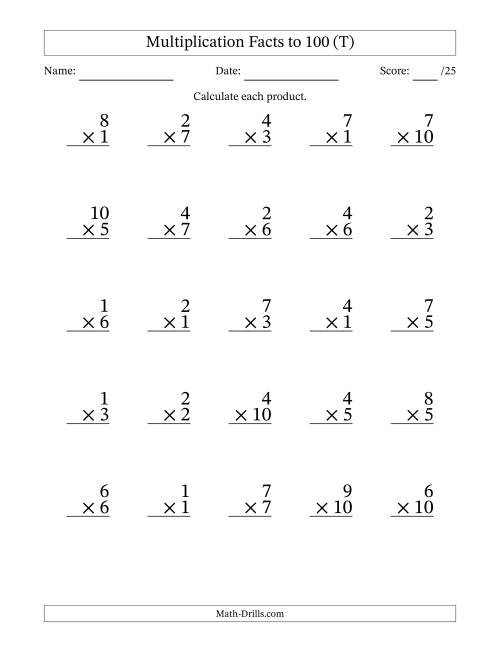 The Multiplication Facts to 100 (25 Questions) (No Zeros) (T) Math Worksheet