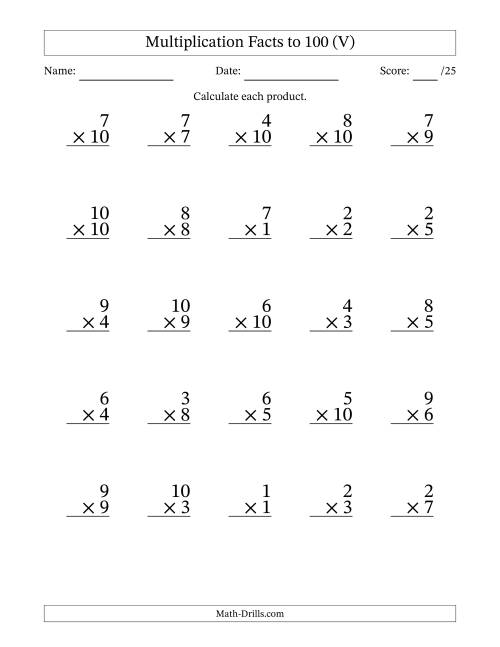 The Multiplication Facts to 100 (25 Questions) (No Zeros) (V) Math Worksheet
