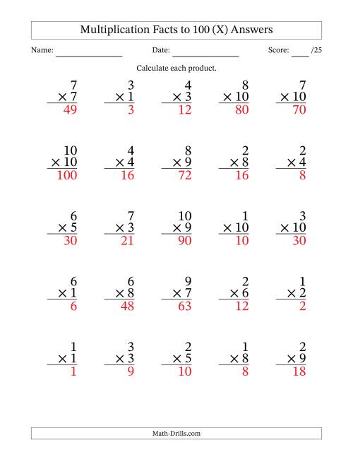 The Multiplication Facts to 100 (25 Questions) (No Zeros) (X) Math Worksheet Page 2