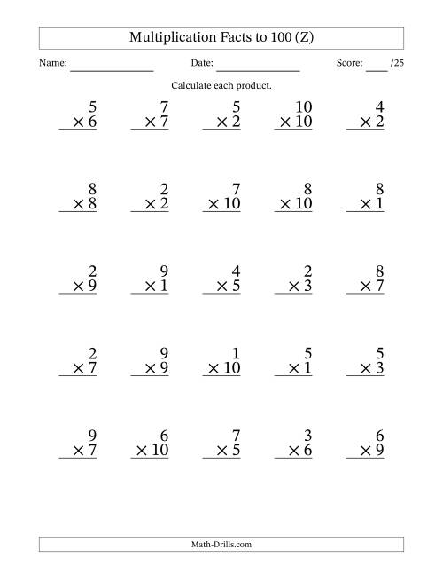 The Multiplication Facts to 100 (25 Questions) (No Zeros) (Z) Math Worksheet
