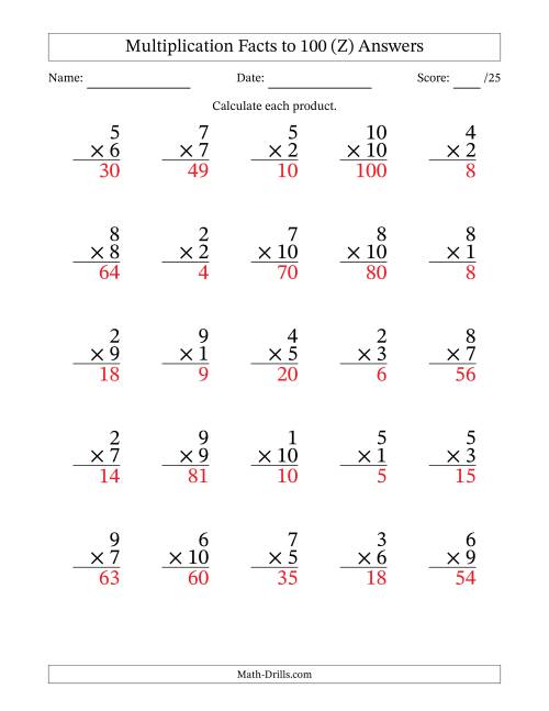 The Multiplication Facts to 100 (25 Questions) (No Zeros) (Z) Math Worksheet Page 2