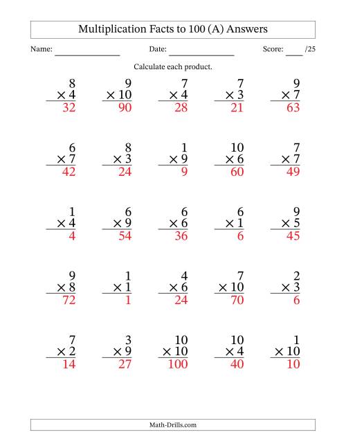The Multiplication Facts to 100 (25 Questions) (No Zeros) (All) Math Worksheet Page 2