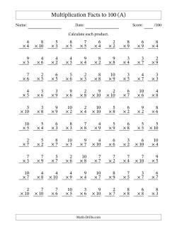 Multiplication Facts to 100 (100 Questions) (No Zeros or Ones)