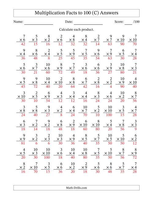 The Multiplication Facts to 100 (100 Questions) (No Zeros or Ones) (C) Math Worksheet Page 2