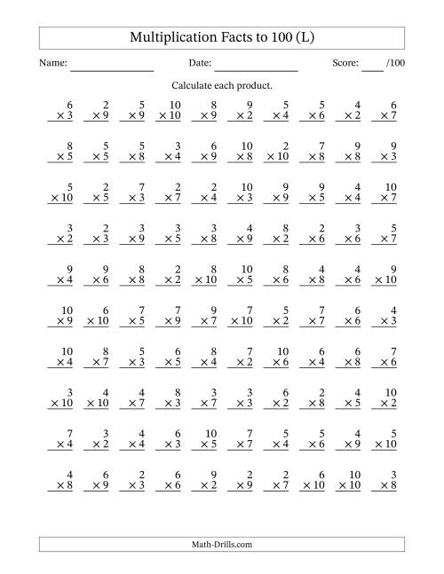 The Multiplication Facts to 100 (100 Questions) (No Zeros or Ones) (L) Math Worksheet