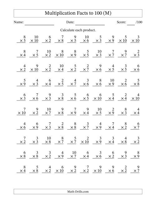 The Multiplication Facts to 100 (100 Questions) (No Zeros or Ones) (M) Math Worksheet