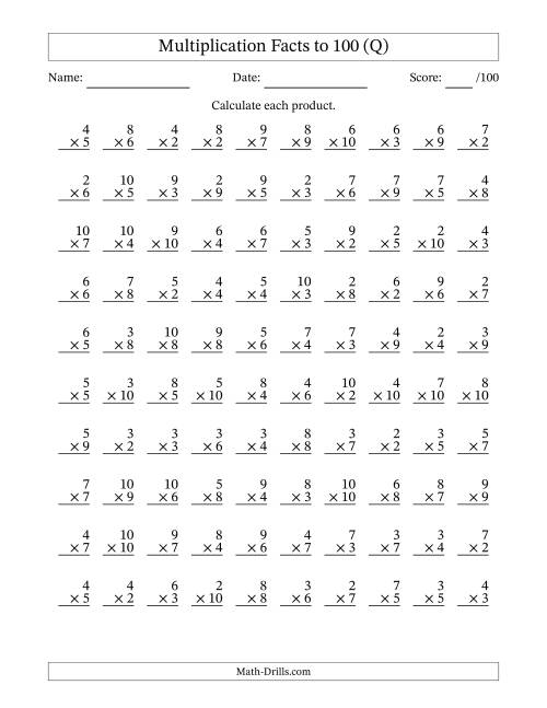 The Multiplication Facts to 100 (100 Questions) (No Zeros or Ones) (Q) Math Worksheet