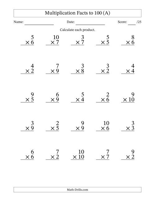 The Multiplication Facts to 100 (25 Questions) (No Zeros or Ones) (A) Math Worksheet