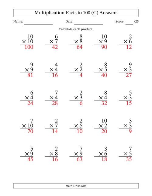 The Multiplication Facts to 100 (25 Questions) (No Zeros or Ones) (C) Math Worksheet Page 2