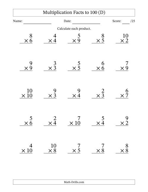 The Multiplication Facts to 100 (25 Questions) (No Zeros or Ones) (D) Math Worksheet
