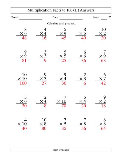 The Multiplication Facts to 100 (25 Questions) (No Zeros or Ones) (D) Math Worksheet Page 2