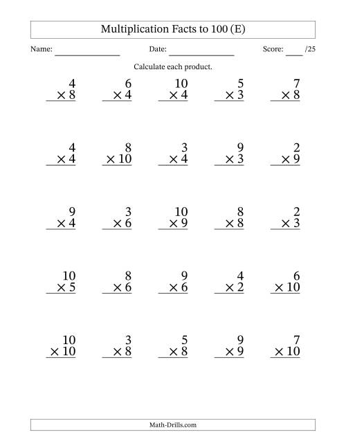 The Multiplication Facts to 100 (25 Questions) (No Zeros or Ones) (E) Math Worksheet