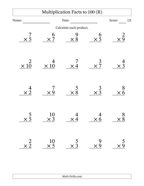 The Multiplication Facts to 100 (25 Questions) (No Zeros or Ones) (R) Math Worksheet