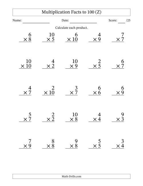 The Multiplication Facts to 100 (25 Questions) (No Zeros or Ones) (Z) Math Worksheet