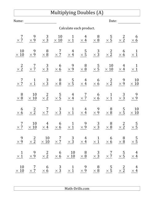 The Multiplying Doubles from 1 to 10 with 100 Questions Per Page (A) Math Worksheet