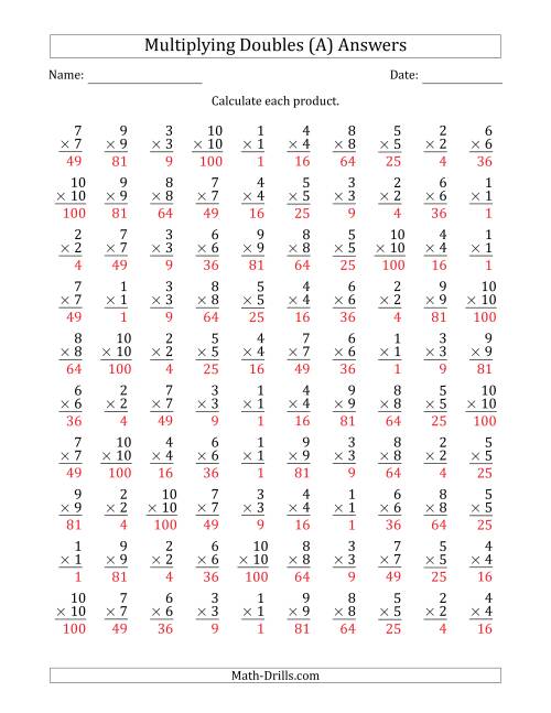 The Multiplying Doubles from 1 to 10 with 100 Questions Per Page (A) Math Worksheet Page 2
