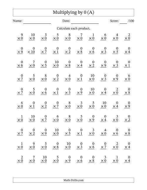 The Multiplying (1 to 10) by 0 (100 Questions) (A) Math Worksheet