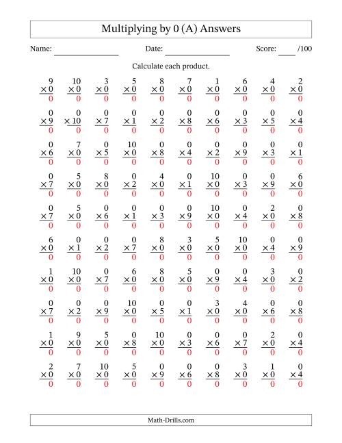 The Multiplying (1 to 10) by 0 (100 Questions) (A) Math Worksheet Page 2