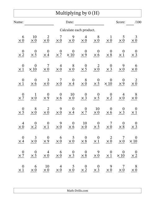The Multiplying (1 to 10) by 0 (100 Questions) (H) Math Worksheet