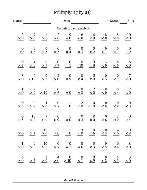 The Multiplying (1 to 10) by 0 (100 Questions) (I) Math Worksheet