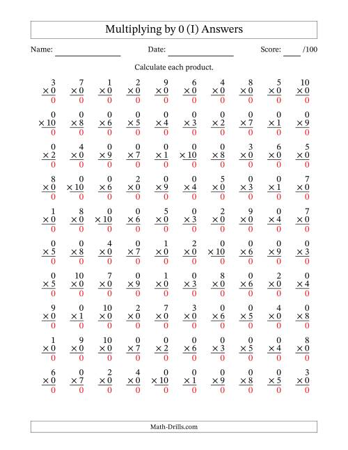 The Multiplying (1 to 10) by 0 (100 Questions) (I) Math Worksheet Page 2
