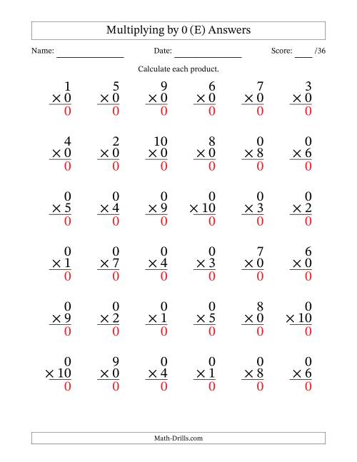 The Multiplying (1 to 10) by 0 (36 Questions) (E) Math Worksheet Page 2
