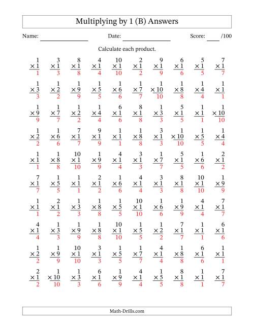 The Multiplying (1 to 10) by 1 (100 Questions) (B) Math Worksheet Page 2