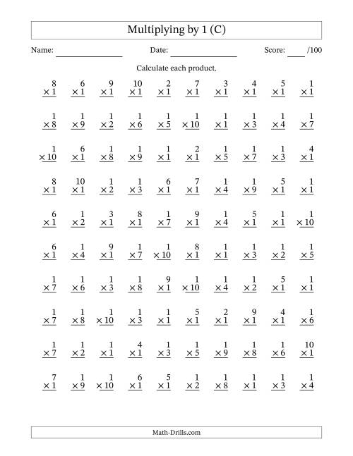 The Multiplying (1 to 10) by 1 (100 Questions) (C) Math Worksheet