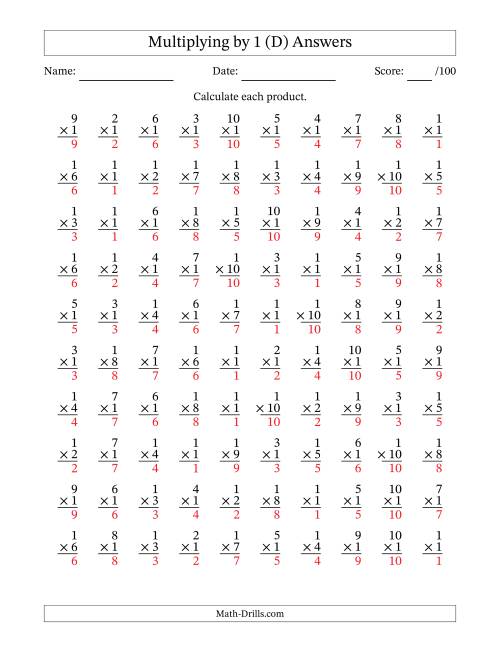The Multiplying (1 to 10) by 1 (100 Questions) (D) Math Worksheet Page 2