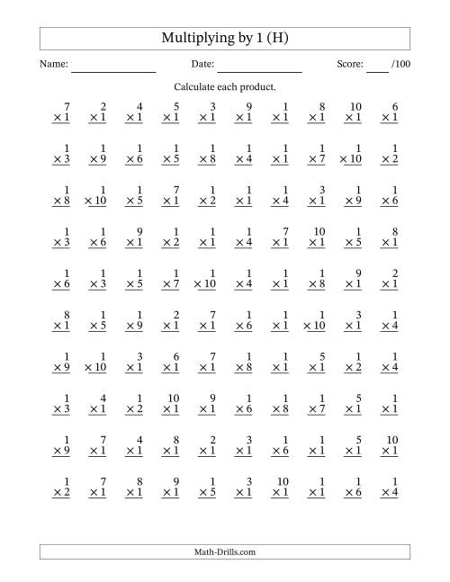The Multiplying (1 to 10) by 1 (100 Questions) (H) Math Worksheet