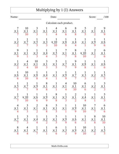 The Multiplying (1 to 10) by 1 (100 Questions) (I) Math Worksheet Page 2