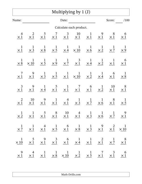 The Multiplying (1 to 10) by 1 (100 Questions) (J) Math Worksheet