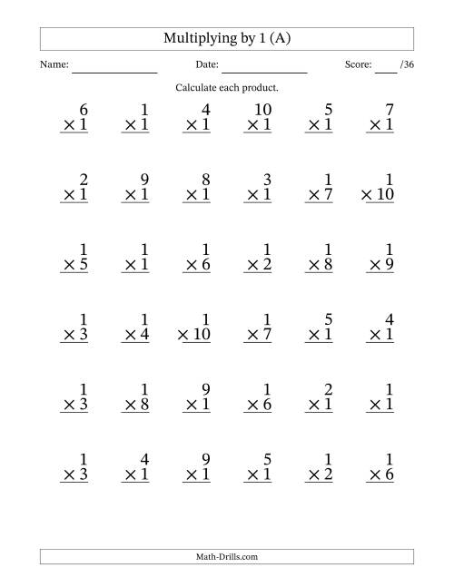 The Multiplying (1 to 10) by 1 (36 Questions) (A) Math Worksheet