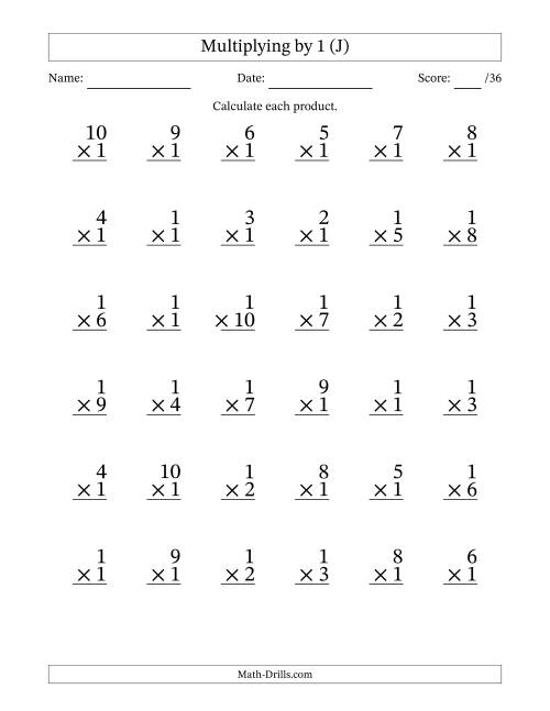 The Multiplying (1 to 10) by 1 (36 Questions) (J) Math Worksheet