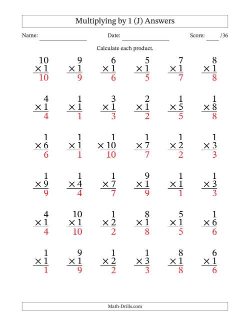 The Multiplying (1 to 10) by 1 (36 Questions) (J) Math Worksheet Page 2