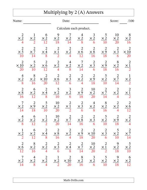 The Multiplying (1 to 10) by 2 (100 Questions) (A) Math Worksheet Page 2