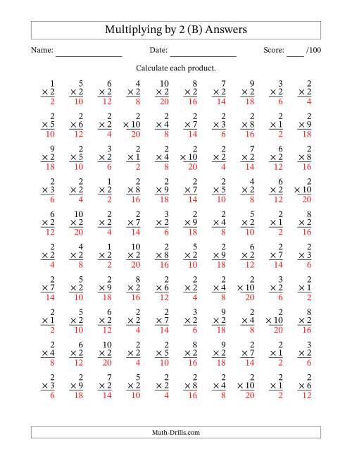 The Multiplying (1 to 10) by 2 (100 Questions) (B) Math Worksheet Page 2