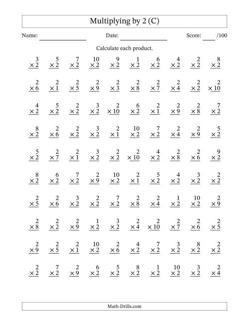 The Multiplying (1 to 10) by 2 (100 Questions) (C) Math Worksheet