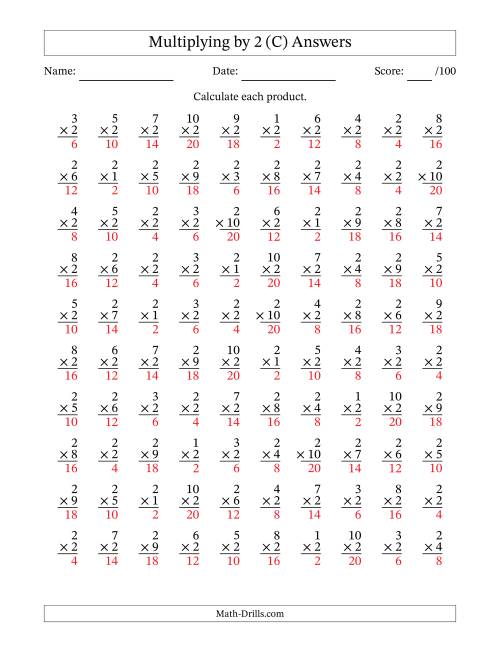 The Multiplying (1 to 10) by 2 (100 Questions) (C) Math Worksheet Page 2